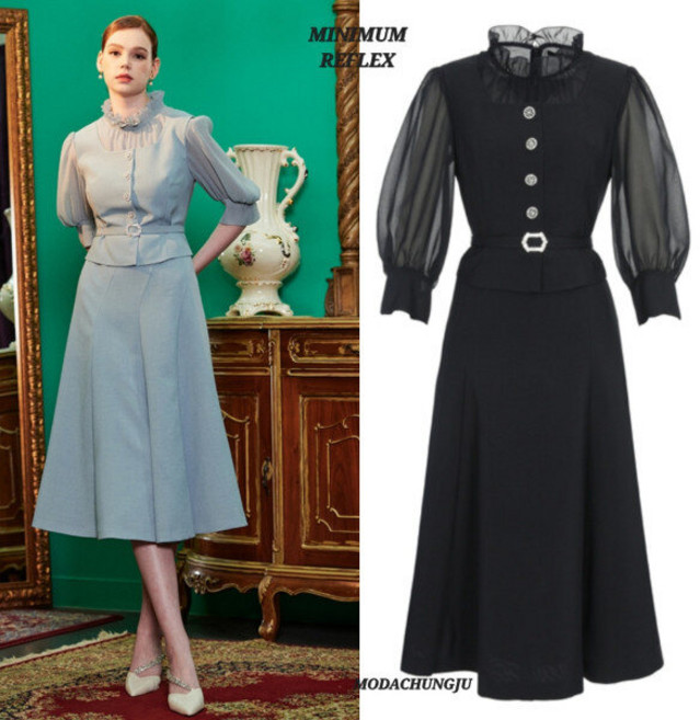 미니멈 MD 하이넥 쉬폰 배색 벌룬소매 플레어원피스 MD MXCAWO7460_CJ