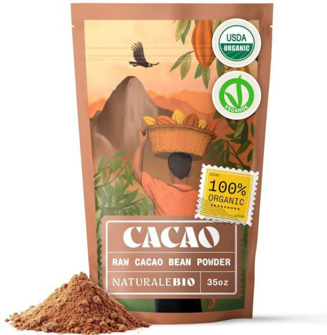 NaturaleBio 유기농 카카오 파우더 35oz (104g). 무가당 무알칼리화 순수 카카오 파우더. 진한 다크 초콜릿 맛의 코코아 파우더 대체품. Non-GMO 글루, 35 Ounce, Cacao Powder