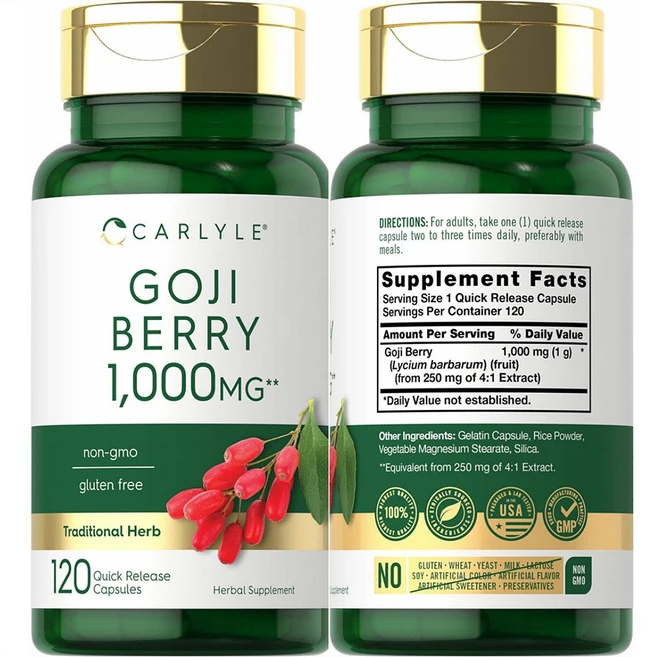 Carlyle 칼라일 구기자 고지베리 추출물 goji berry 1000mg 120 캡슐 lycium barbarum 2팩, 2개, 120회분 - 쿠팡
