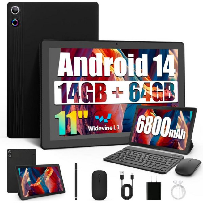 태블릿PC 안드로이드 태블릿 14GB RAM 64GB ROM TF 1TB 11인치 14 옥타코어 6800mAh 와이드바인 L1 WiFi 6 8 in 1 키보드 마우스 보호 케이, Black-Set