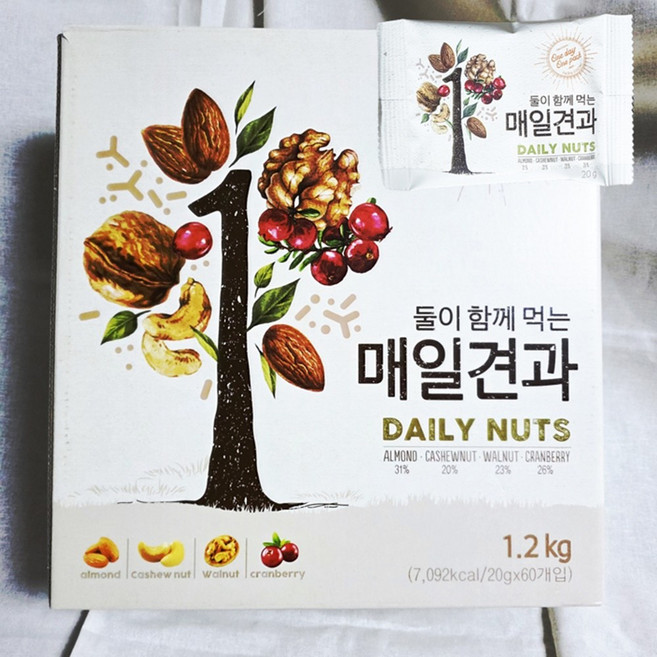 대봉식품 둘이 함께 먹는 매일 견과 건과 세트 1.2kg (20g x 60개입) 트레이더스 유통, 1세트
