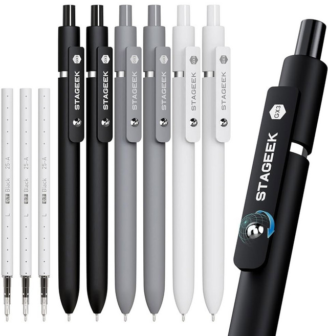 STAGEEK 블랙 젤 펜 12Pcs 파인 포인트 매끄러운 필기 3 리필 추가 저널링용 퀵 드라이 잉크 사무실 노트 필기 학용품 사 에스테틱(블랙), Bla Gray White