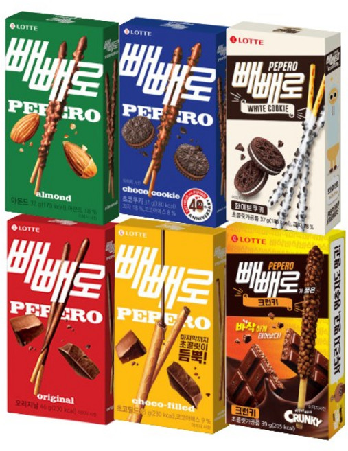 빼빼로 6종 혼합 초코+아몬드+화이트쿠키+크런키+초코쿠키+누드초코, 1개