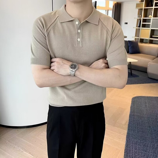 AURALA 여름 남자 데일리 베이직 카라티 반팔 니트 캐주얼 니트 반팔 티셔츠