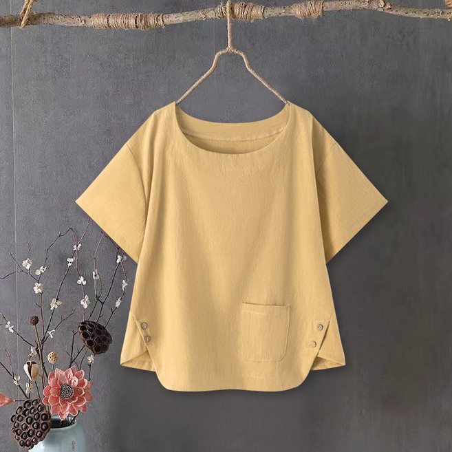 Makone 여성 빅사이즈 캐주얼 심플 솔리드 무지 포켓 포인트 루즈핏 린넨 반팔 티셔츠