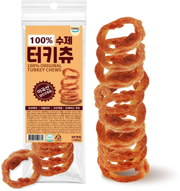 파밀리 강아지 100% 터키츄 칠면조 힘줄, 1개, 100g, 하드링 - 쿠팡