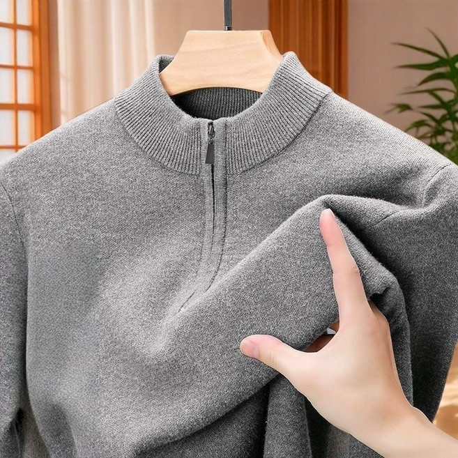 POMTOR 겨울 중년 남성용 캐시미어 니트 반집업 베이직 캐주얼 반폴라 스웨터