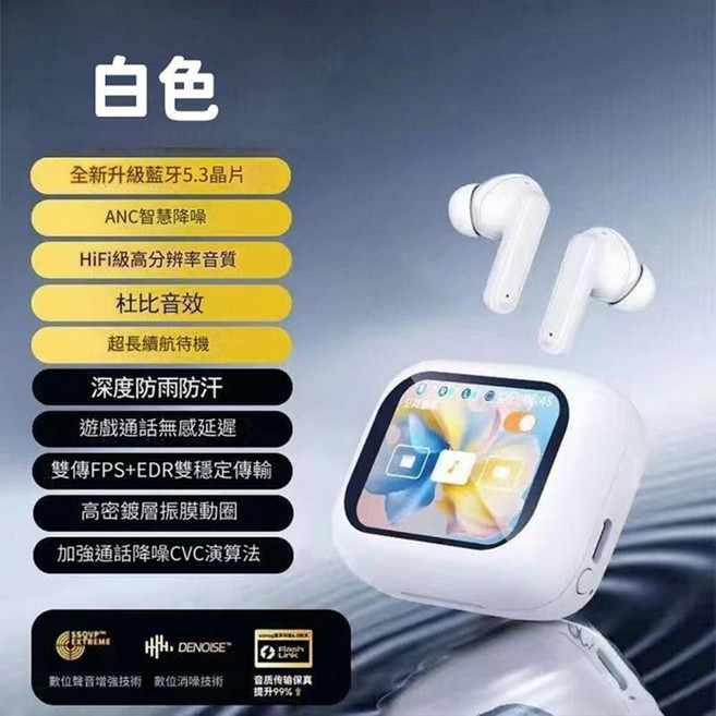 A9Pro 真無線藍芽耳機 觸控屏幕 全彩 入耳式降噪 超長續航, 白色