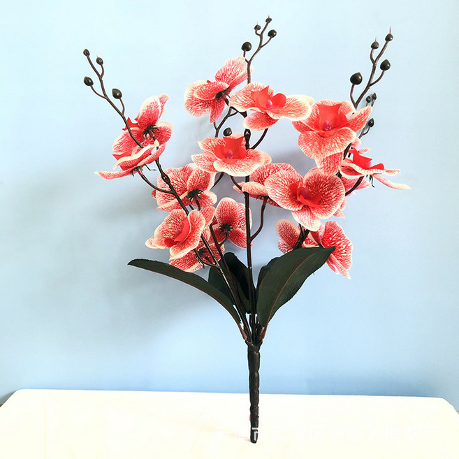 5叉絲印綠植蝴蝶蘭單枝假花，居家客廳餐桌裝飾絹花, 紅色, 1個