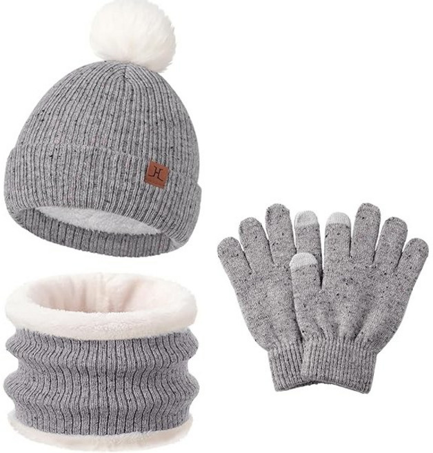 하바우 폼폼 어린이 방울 겨울 모자+워머+장갑 3종세트