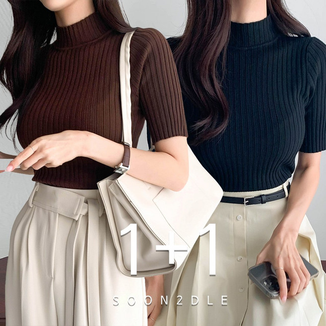 순이 C.여성 1+1 부들부들 촉감 좋은 반목 폴라 반팔 니트 티셔츠