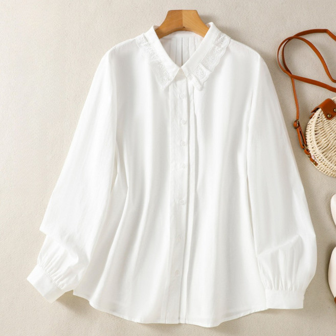 플랜앤유 레이스 카라 루즈핏 코튼 긴팔 블라우스