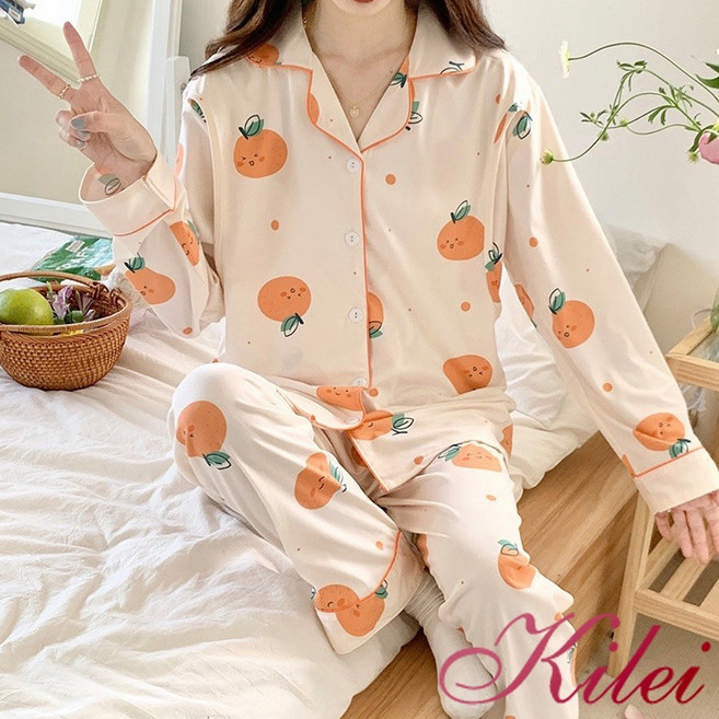 【Kilei】孕婦睡衣 月子服 波點甜橘牛奶絲側掀哺乳衣孕婦長袖二件式睡衣組 XA4397