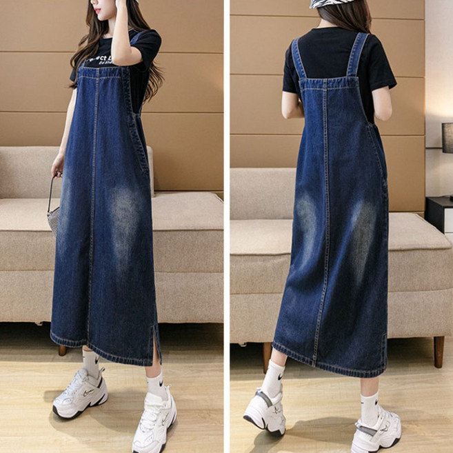 FANSYLI 여성 멜빵 스커트 롱 데님 원피스 루즈핏 캐주얼 데님 멜빵 스커트 빅사이즈 원피스 데일리룩 X2505M21