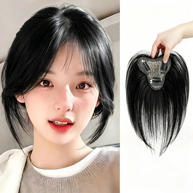 믹스알리 부분가발 앞머리 가발 정수리 볼륨 모발증가 흰머리커버 팔자 앞머리 가발, 1개, 01 블랙