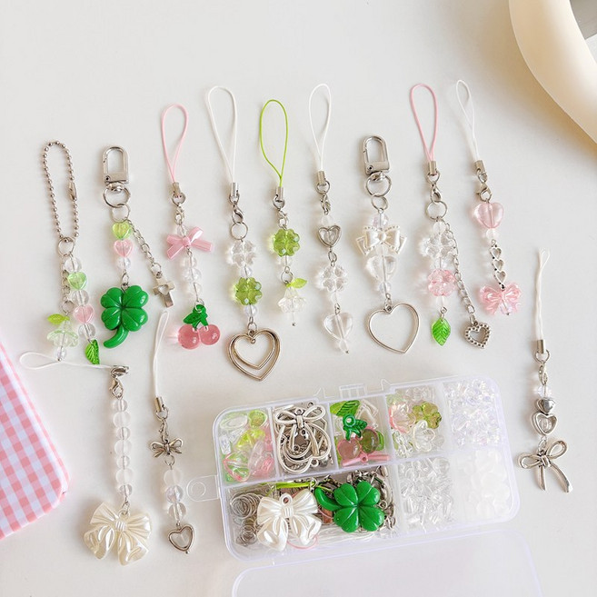 달빛구슬 (12P) 핑크그린 키링만들기세트 y2k 핸드폰줄 DIY 비즈 공예 재료 스트랩, 1세트, 키트만