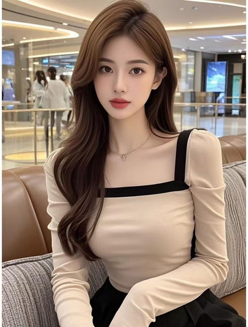 여성 스퀘어넥 긴팔 티셔츠 봄가을 슬림핏 기질 이너 상의 패션 코디 긴팔티 여자 춘추 티셔츠 WMY
