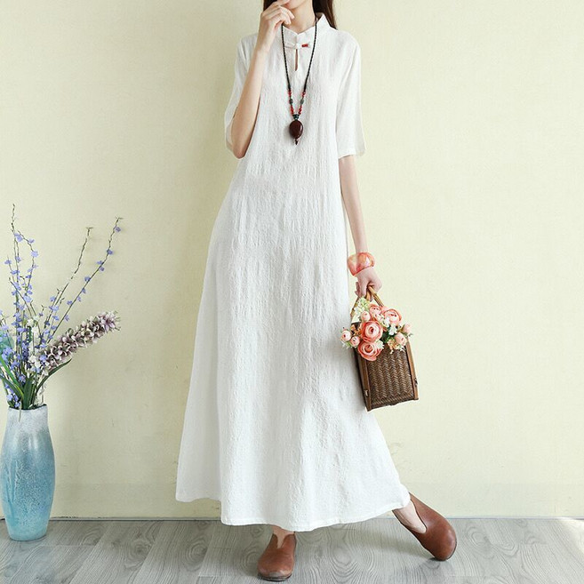 WPUY 여성 빈티지 문예 면 마 원피스 개량한복 자가드스커트 린넨 원피스 스탠드 칼라 5부 소매 롱원피스 여름 시원하 맥시 롱 원피스