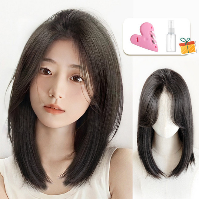 Novah 여성 중단발 통가발 자연스러운 데일리 풀가발 앞머리없는 레이어드 가발 40cm, 1개, 브라운블랙