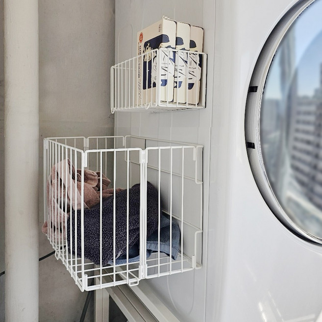 이지유 무타공 마그네틱 접이식 빨래 바구니 대용량 틈새 자석 선반 바스켓, 화이트
