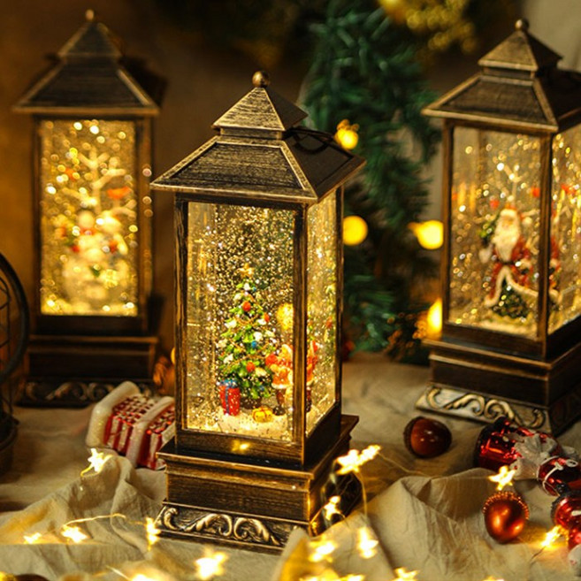 특가상품 크리스마스 사각 랜턴 오르골1971 LED 자동눈날림 워터볼 무드등 차박 캠핑 조명, 트리