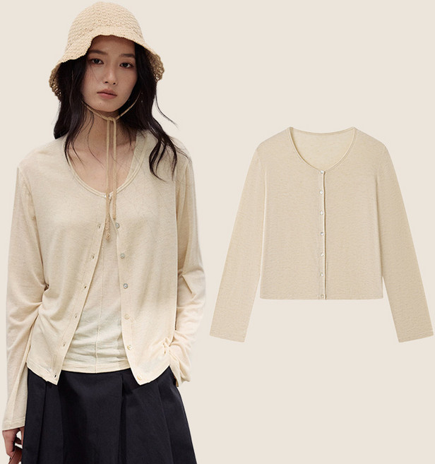 스토리원 WM-FWOT046 여성 내추럴 텐셀 린넨 라운드 가디건