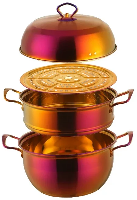 3단 스테인리스 스틸 찜기 냄비 골드 코팅 조리기구 보일러 수프 가스레인지용, 04 Rainbow NO.3