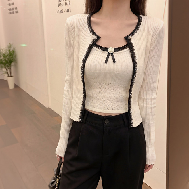 SOSISI 여성 긴팔 배색 이중 레이스 나시 가디건 세트 20319