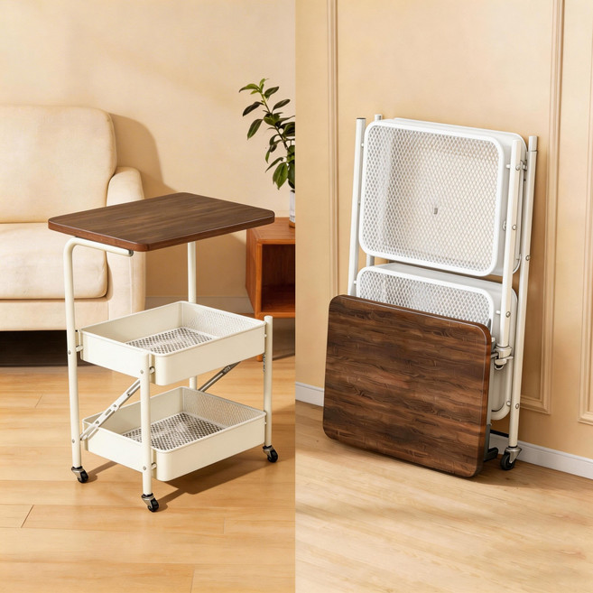 이동식 트롤리 다용도 선반형 수납 카트 접이식 수납 선반, 1단, 흰색-3단
