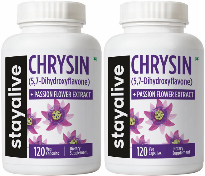 Stayalive 크리신 보충제 500mg & 패션플라워 추출물 분말 5 7-디하이드록시플라본 비GMO 및 글루텐 프리 남성 및 여성용 크리신 120캡슐, 2개, 120정