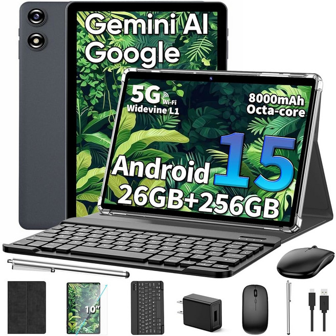 2026 10인치 태블릿 키보드가 탑재된 안드로이드 15 26GB+256GB+2TB 제미니 AI가 태블릿 PC 옥타코어 5G WiFi 8000mAh GPS GMS, Black