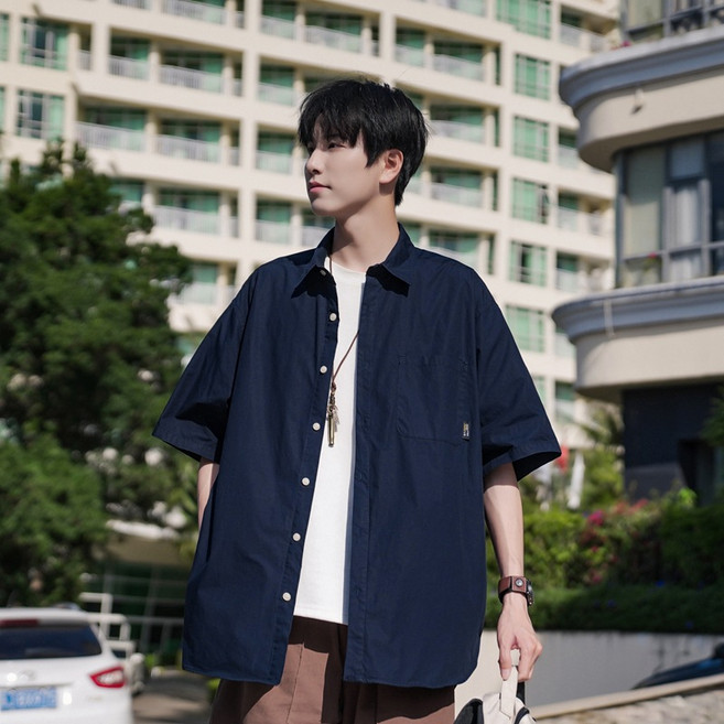 【冰絲涼感】男士短袖襯衫 日系襯衫 工裝襯衫 休閒襯衫 薄款襯衫 寬鬆版型 藏青色 夏季透氣 潮流百搭 街頭休閒