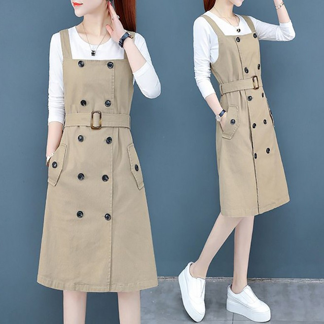 여성 멜빵 원피스 패션 더블 버튼 슬림 정장원피스 데일리 심플 민소매 미니 원피스 면접 오피스룩 여자치마