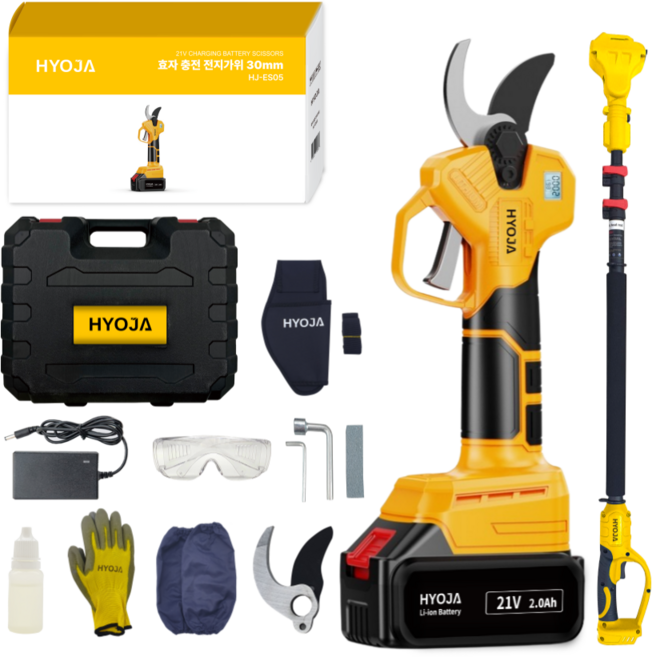 효자 전기 전동 충전 전지가위 21V 풀세트 충전식 정전 고지 나무 가지치기, 30mm 배터리 1개+연장대, 1개