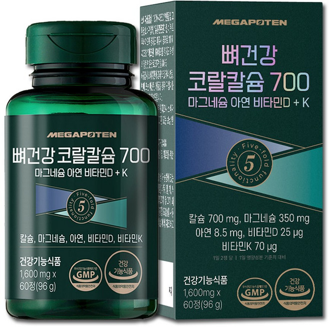 메가포텐 뼈건강 코랄칼슘 700 마그네슘 아연 비타민D + K / 고함량 칼마디, 60정, 1개