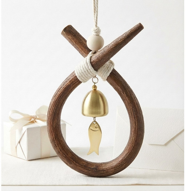 WHH 전통적 의미 도어벨 소 코뚜레 액막이 명태 현관 종, 브라운골드