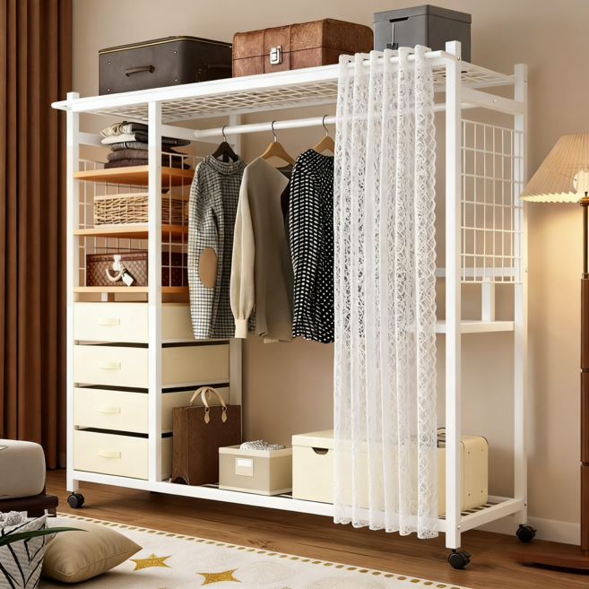 YAPOGI 커튼형 철제 이동식 시스템 행거 대용량 조립식 원룸, 흰색