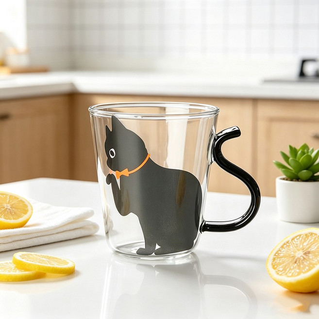 창의적인 고양이 유리컵 핸들 달린 카툰 고양이 주스 얼음컵 커피잔 용량 300ml, 1개, 검은색