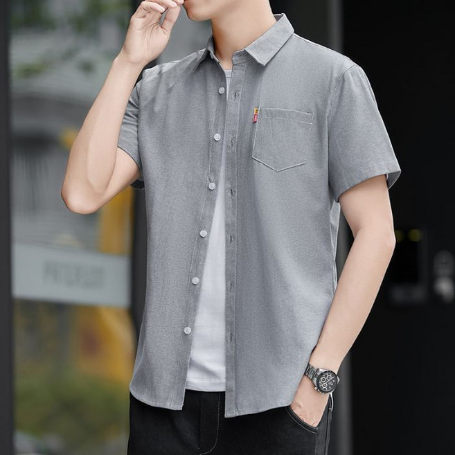 川月商行 男士純色短袖襯衫 韓版潮流休閒薄款青年襯衣