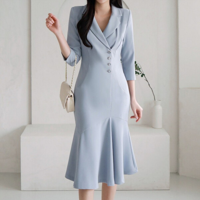 [모리스커밍홈] [55-77]테일러드 카라 버튼 머메이드 원피스_M2603OP036B