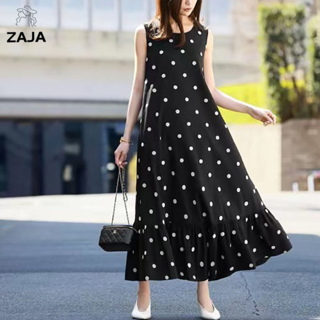 ZAJA 여름 여성 민소매 도트 롱원피스 루즈핏 시원한 A라인 데일리룩