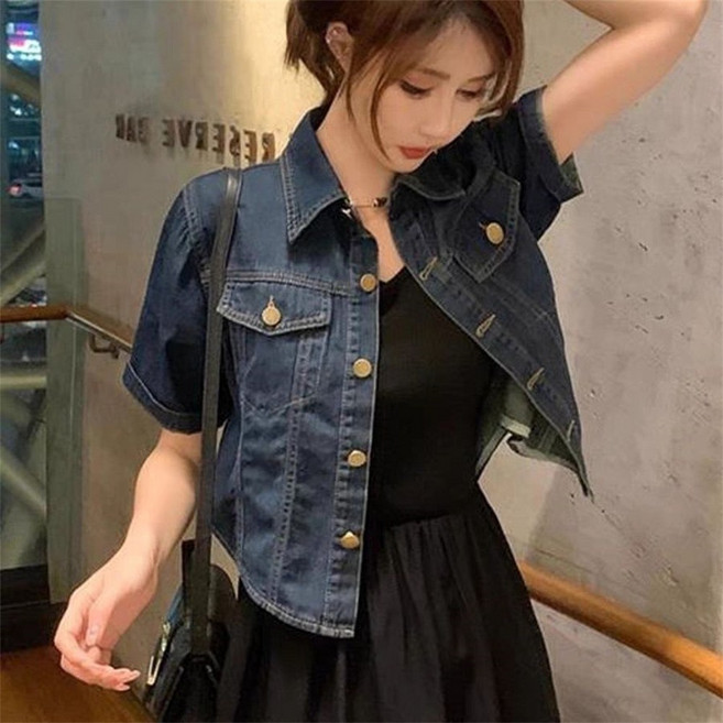 besteffie 여성용 반팔 데님 자켓 여름 캐주얼 스타일 더블 포켓 단추 장식 간편한 스타일 데일리룩 자켓 K92
