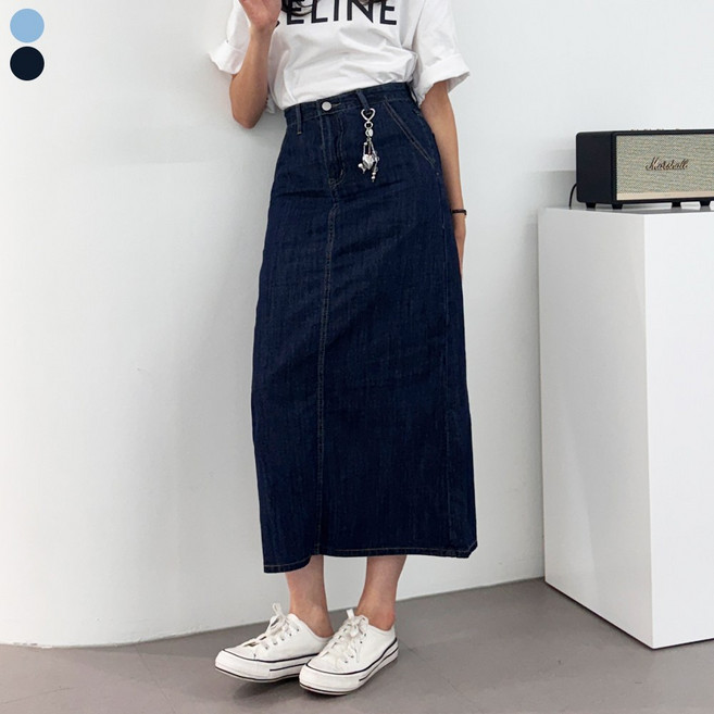 블레스유 여성 봄 롱스커트 데님스커트 A라인 치마 뒷트임 맥시스커트