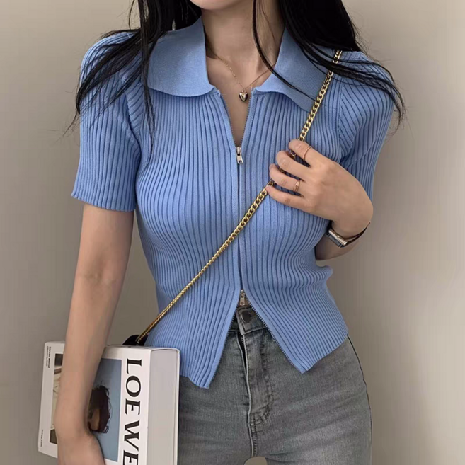 Shopflix 골지 집업 니트 카라 반팔 긴팔 티셔츠