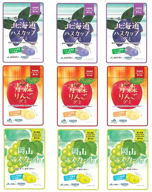 카네카 음식 러블레 유산균이 들어간 구미 포장 홋카이도 하스 컵 · 아오모리 사과 · 오카야마 무스카트 40g × 9 봉지 구미 대용량, 1개, 1g
