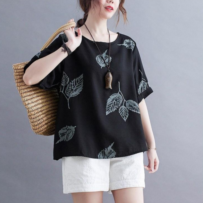 패션디바 여성용 여름 빅사이즈 엄마옷 프린트 반팔 블라우스