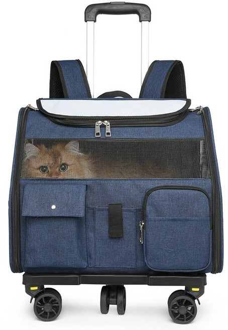 강아지캐리어 고양이캐리어 이동 편리한 다크 휠 산책 이동장 대중교통 여행, 1, 5. 파란색(트롤리+배낭) 39x16x46