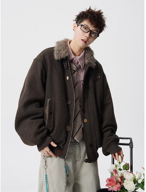 Vesibo 立領毛領格紋棉衣夾克 寬鬆復古紐扣保暖短款外套