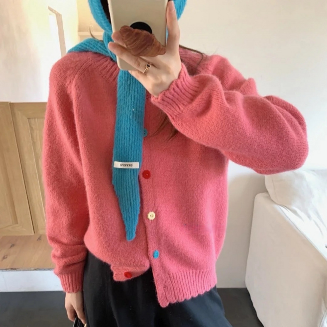 아닐라 2026년 봄신상 여성용 비비드 컬러 버튼 라운드넥 가디건 트렌디 니트웨어