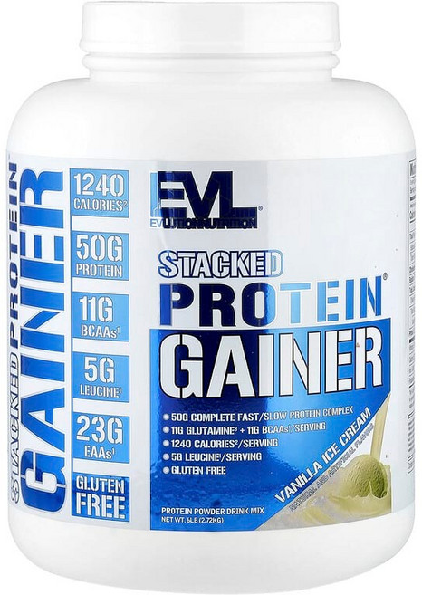 EVLution Nutrition Stacked Protein® Gainer 바닐라 아이스크림 2.72kg(6lb) Nutrition (이블루션 뉴트리션), EVLution Nutrition (이블루션 뉴트리션), 2.72kg, 1개